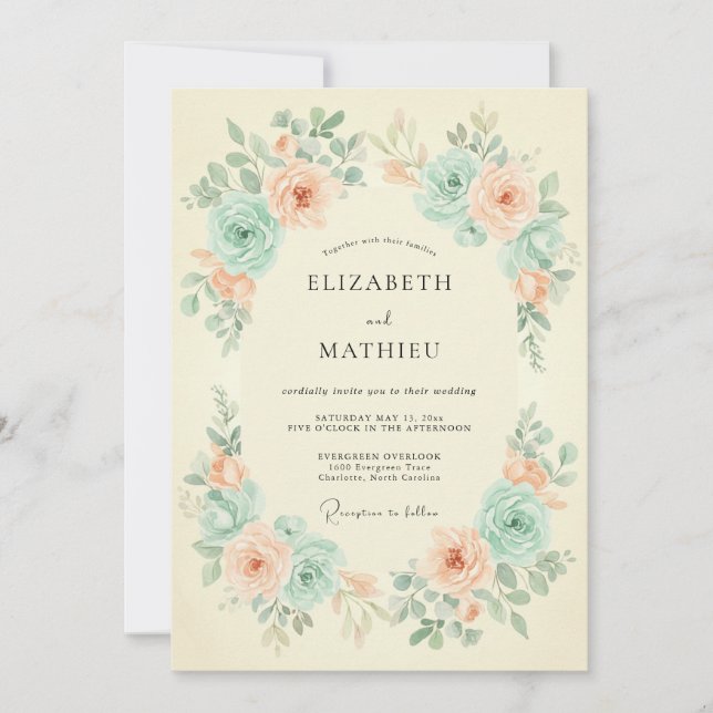 Invitación Boda floral de primavera con melocotón y menta (Anverso)