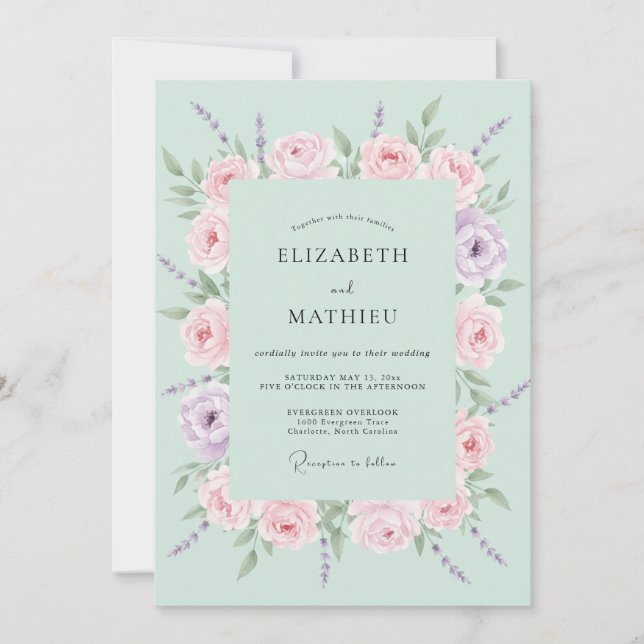 Invitación Boda Floral de Primavera con Menta (Anverso)