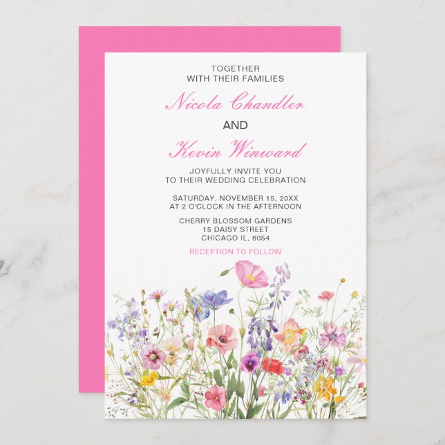 Invitación Boda Floral de primavera de flores silvestres (Anverso / Reverso)