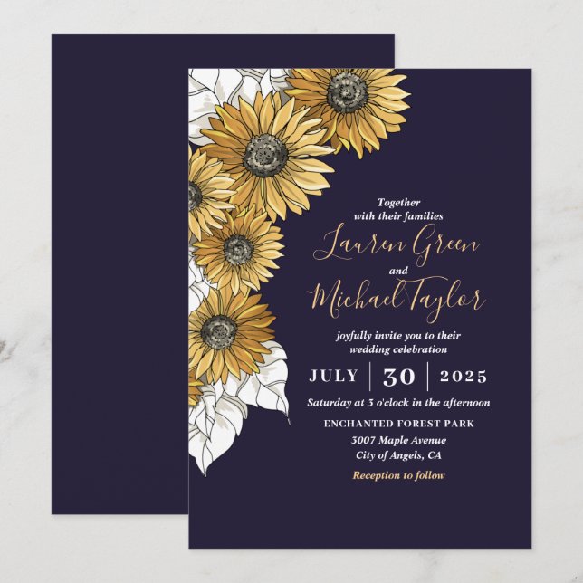 Invitación Boda floral de primavera de girasol amarillo morad (Anverso / Reverso)