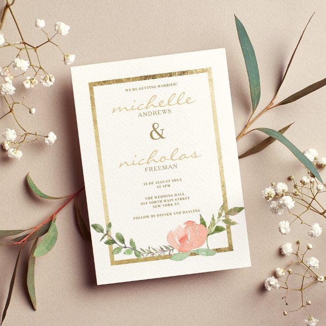 Invitación Boda floral de primavera de menta rosa dorado blan (Luxury white gold pink mint spring floral wedding)