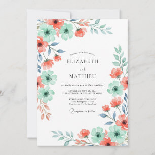 Invitación Boda floral de primavera en coral y menta