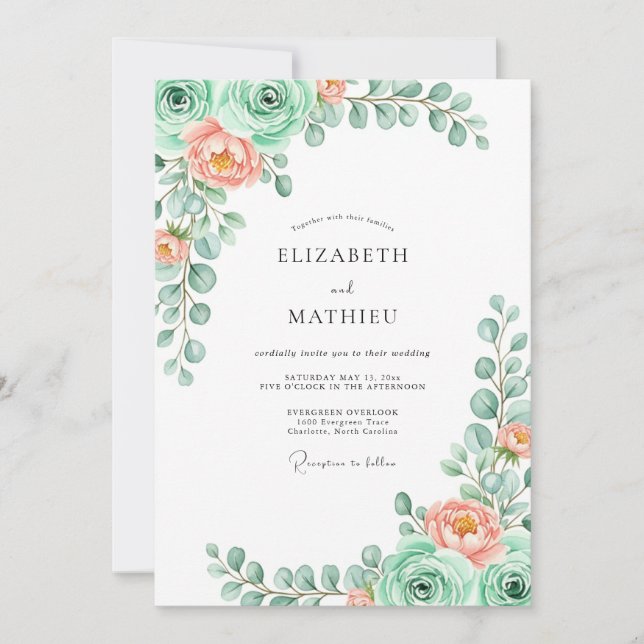 Invitación Boda floral de primavera en verde menta (Anverso)