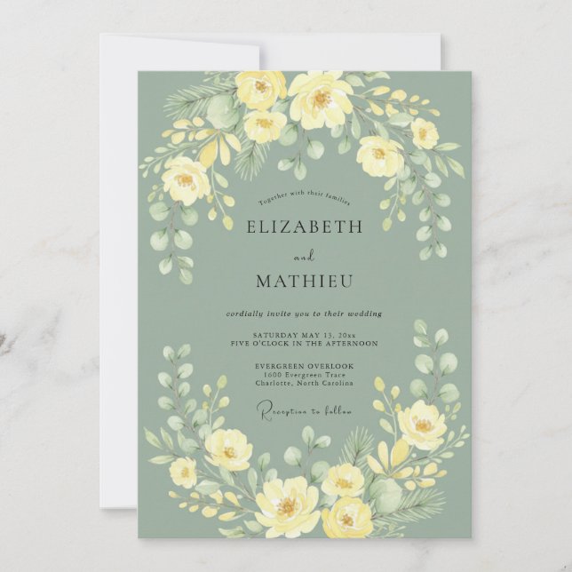 Invitación Boda floral de primavera en verde salvia (Anverso)