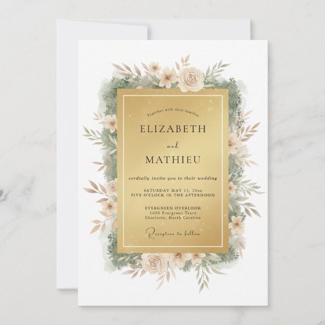 Invitación Boda floral de primavera Gold Majestic (Anverso)