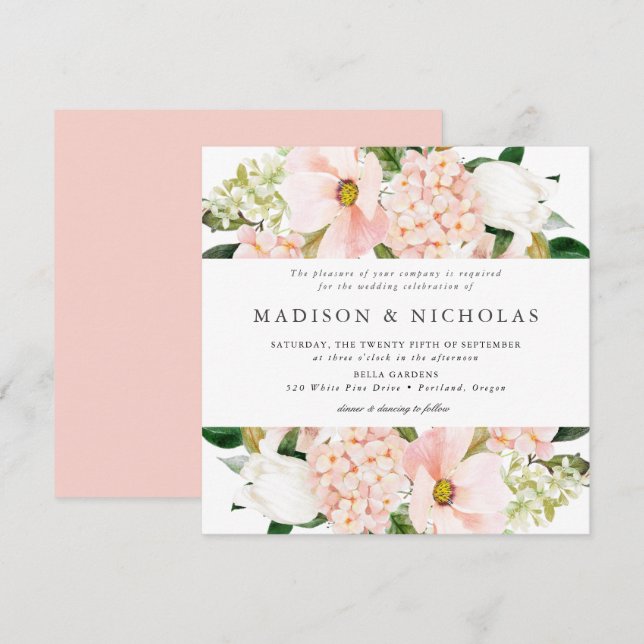 Invitación Boda floral de primavera Square Blush (Anverso / Reverso)