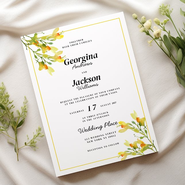 Invitación Boda floral de primavera verde naranja amarillo bo (Botanic yellow orange green spring floral wedding)