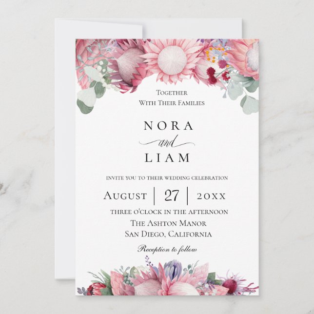 Invitación Boda floral de Protea exótica (Anverso)