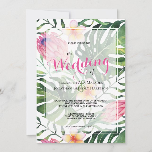 Invitación Boda floral de protea rosa tropical verde (Anverso)