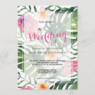Invitación Boda floral de protea rosa tropical verde