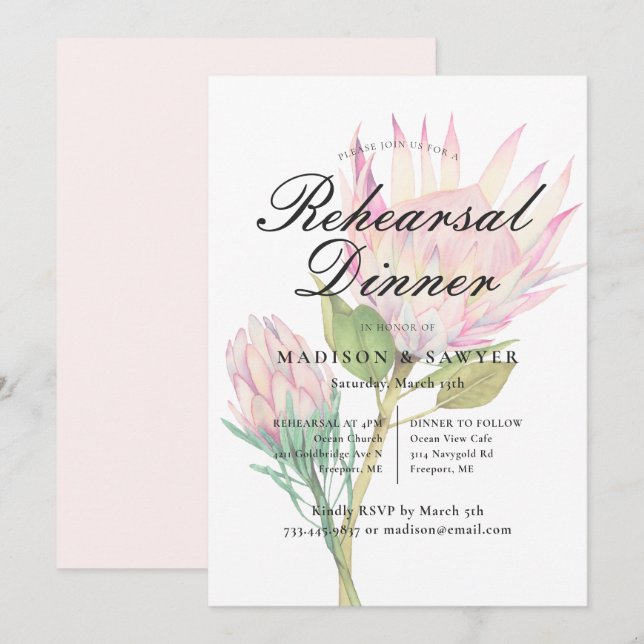 Invitación Boda floral de protea rosada exótica Cena (Anverso / Reverso)