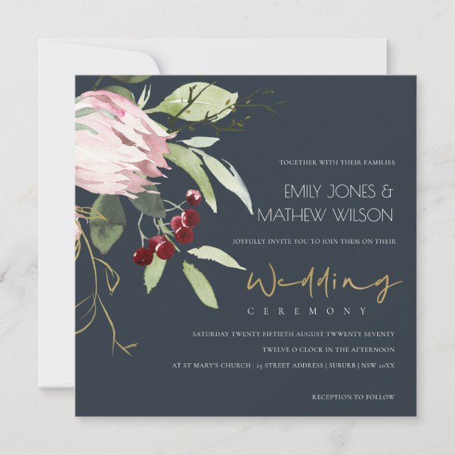 INVITACIÓN BODA FLORAL DE PROTEA RUBOR BURGUNDY GRIS NEGRO (Anverso)