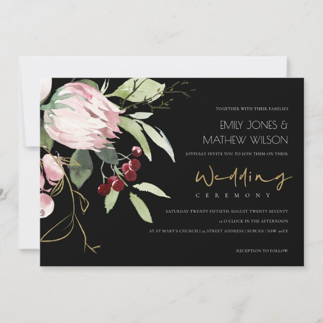 Invitación Boda FLORAL DE PROTEGIA BURGUNDA DE RUBOR NEGRO PI (Anverso)