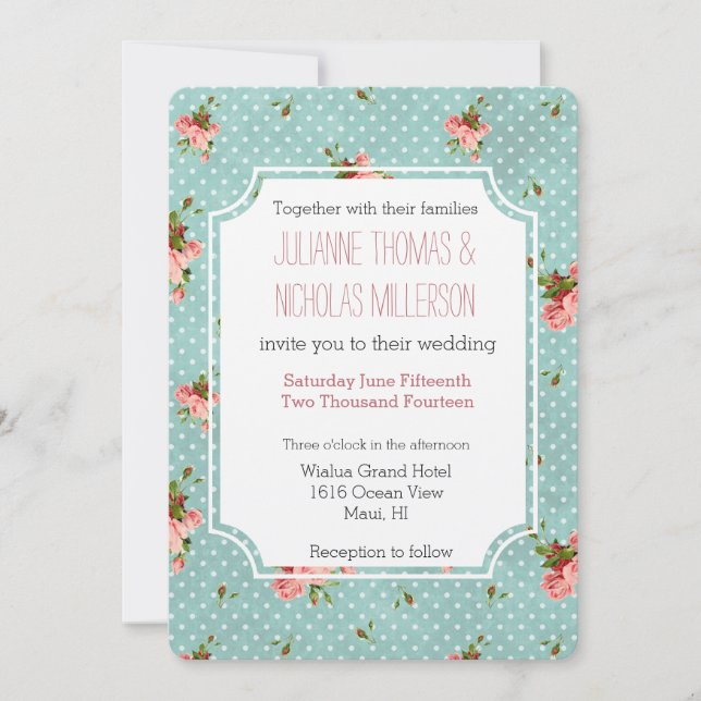 Invitación Boda floral de puntos de Polka azul rosa (Anverso)
