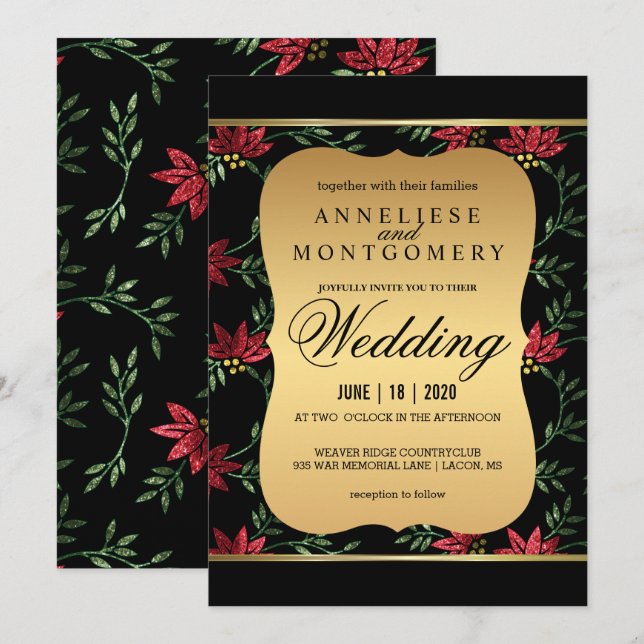 Invitación Boda floral de Purpurina rojo victoriano moderno (Anverso / Reverso)