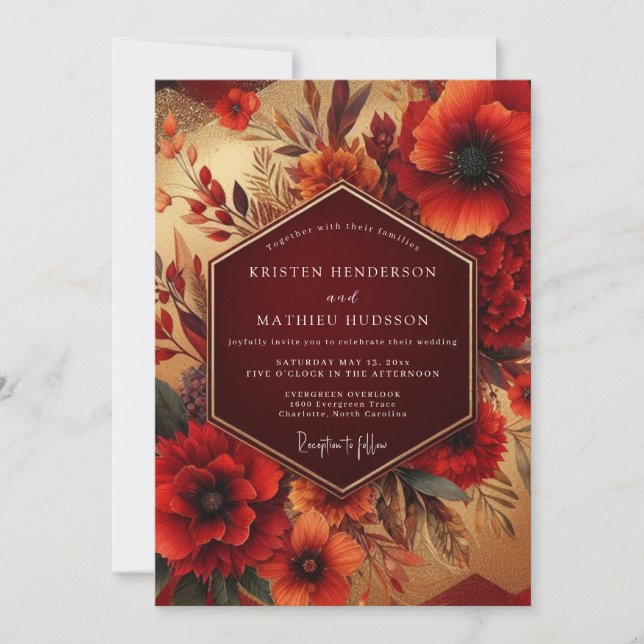 Invitación Boda Floral de Radiante Otoño Borgoña (Anverso)