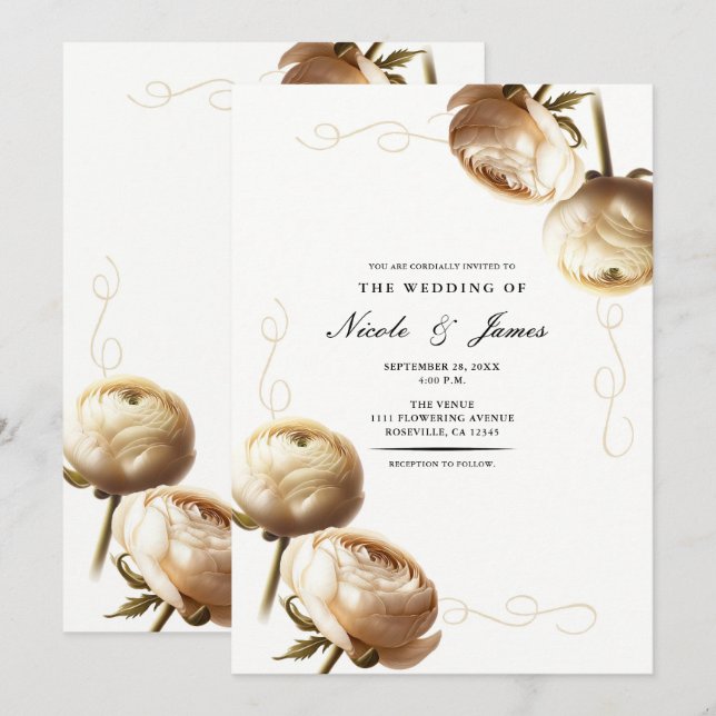 Invitación Boda floral de ranúnculos crema y blanco (Anverso / Reverso)