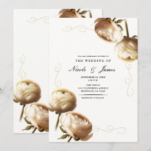 Invitación Boda floral de ranúnculos crema y blanco