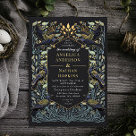 Invitación Boda floral de Raven gótico encantado<br><div class="desc">Elegante,  caprichoso y gótico diseño boda perfecto para una celebración con temática forestal encantada o para un romanticismo gótico oscuro. Este diseño presenta unos cavernas enmarcados en un marco de espinas verde azulada azules,  bayas,  vegetación y acentos dorados. Artículos coincidentes en nuestra tienda para un tema fiesta completo.</div>