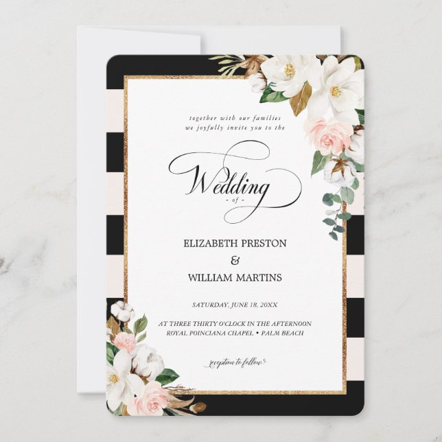 Invitación Boda floral de rayas negras y magnolia (Anverso)