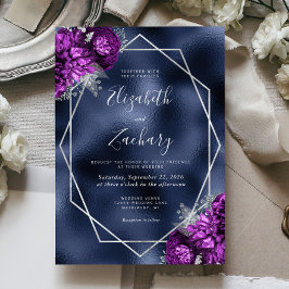 Invitación Boda floral de Relieve metalizado de marina morado