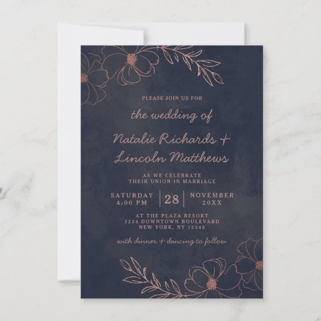 Invitación Boda floral de Relieve metalizado dorado azul y Ro (Anverso)