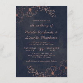 Invitación Boda floral de Relieve metalizado dorado azul y Ro