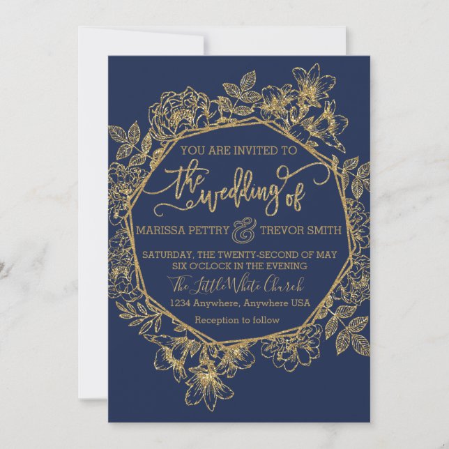 Invitación Boda floral de Relieve metalizado dorado y marina  (Anverso)