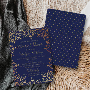Invitación Boda floral de Relieve metalizado dorado y marina