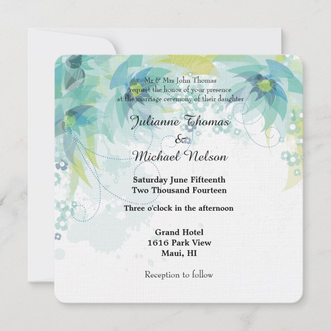 Invitación Boda floral de resumen azul (Anverso)