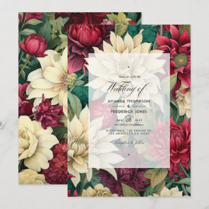 Invitación Boda floral de rojo intenso, crema y verde bosque