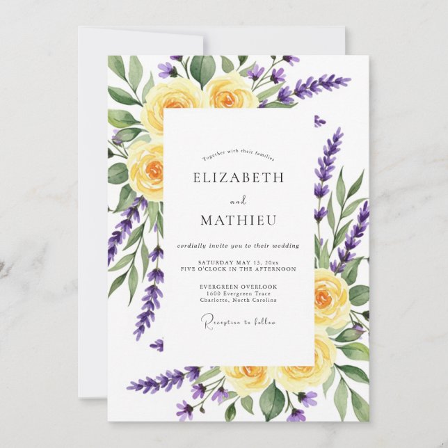 Invitación Boda Floral de Romance de Lavanda Amarilla (Anverso)