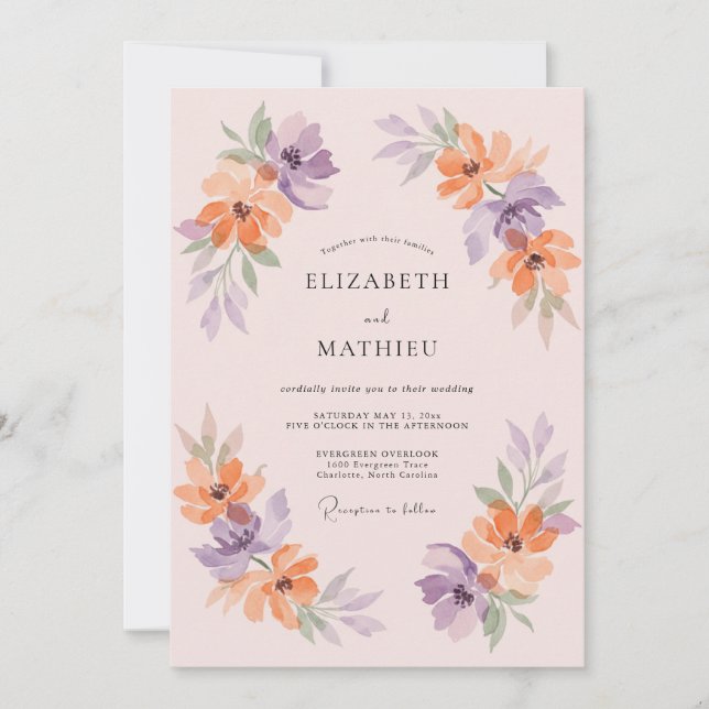 Invitación Boda Floral de Romance de Lavanda y Melocotón (Anverso)