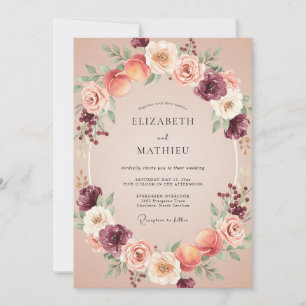 Invitación Boda Floral de Romance de Melocotón Borgoña