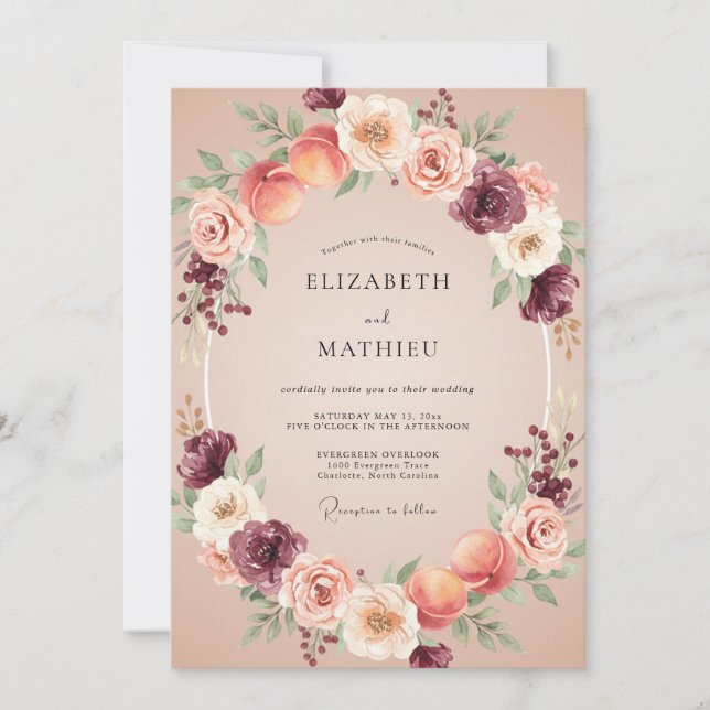 Invitación Boda Floral de Romance de Melocotón Borgoña (Anverso)