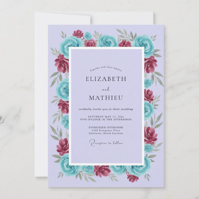 Invitación Boda floral de rosa azul lavanda (Anverso)