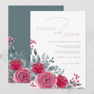 Invitación Boda floral de rosa azul polvorienta elegante