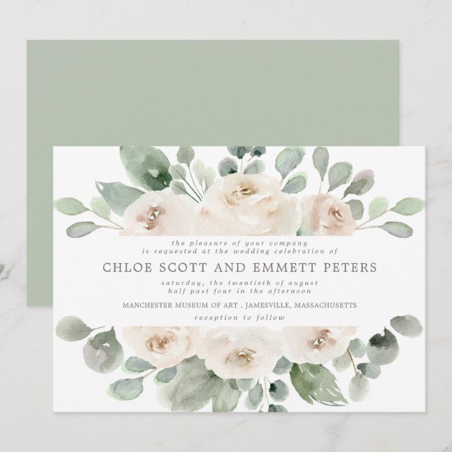 Invitación Boda floral de rosa blanca de Boho moderno (Anverso / Reverso)