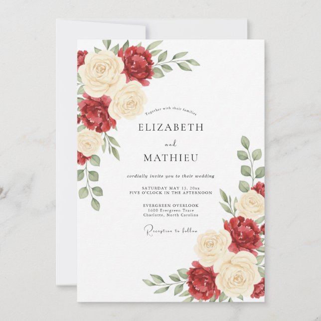 Invitación Boda floral de rosa borgoña (Anverso)