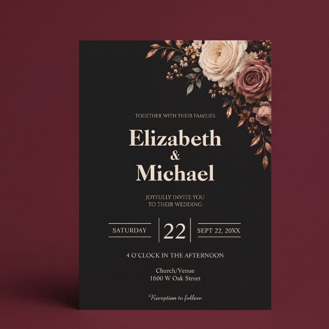 Invitación Boda floral de rosa con rubor negro (Subido por el creador)
