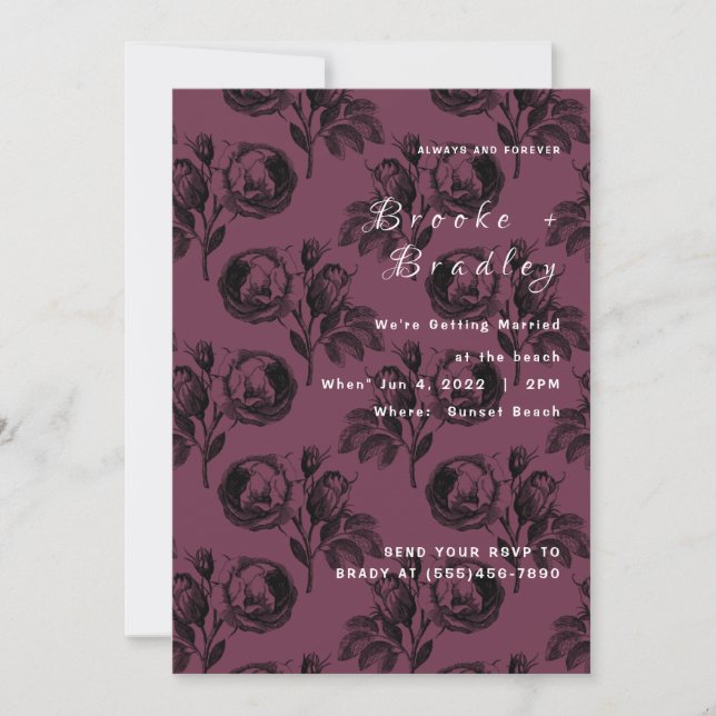 Invitación Boda floral de rosa de Borgoña (Anverso)