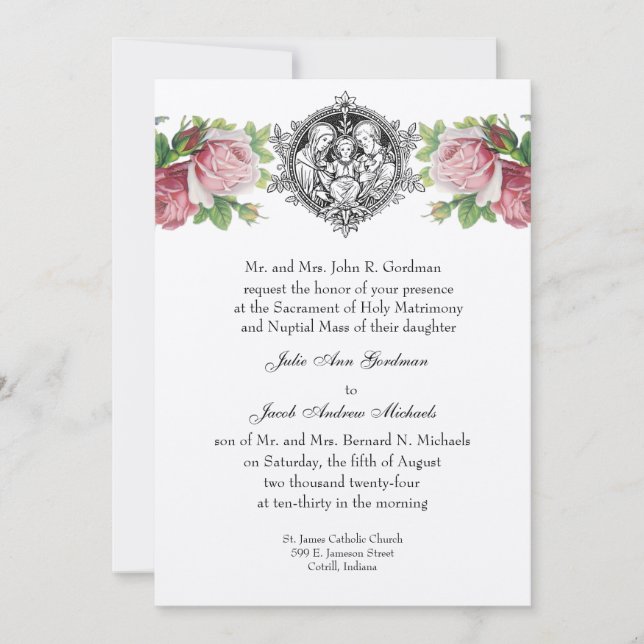 Invitación Boda floral de rosa de la sagrada familia católica (Anverso)