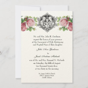 Invitación Boda floral de rosa de la sagrada familia católica