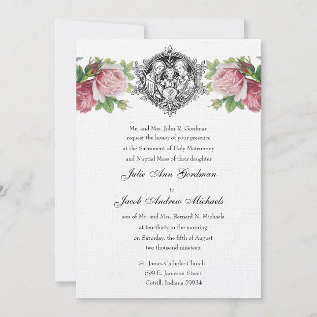 Invitación Boda floral de rosa de la sagrada familia católica (Anverso)