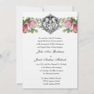 Invitación Boda floral de rosa de la sagrada familia católica