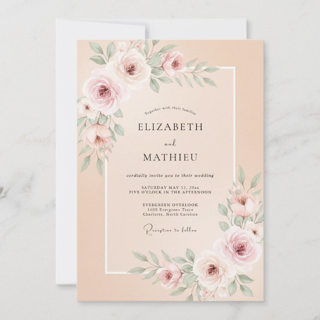 Invitación Boda floral de rosa elegante melocotón (Anverso)