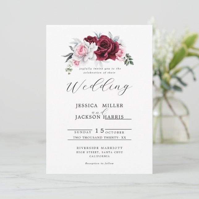 Invitación Boda Floral de Rosa Granate Blanca Rústica (Anverso de pie)