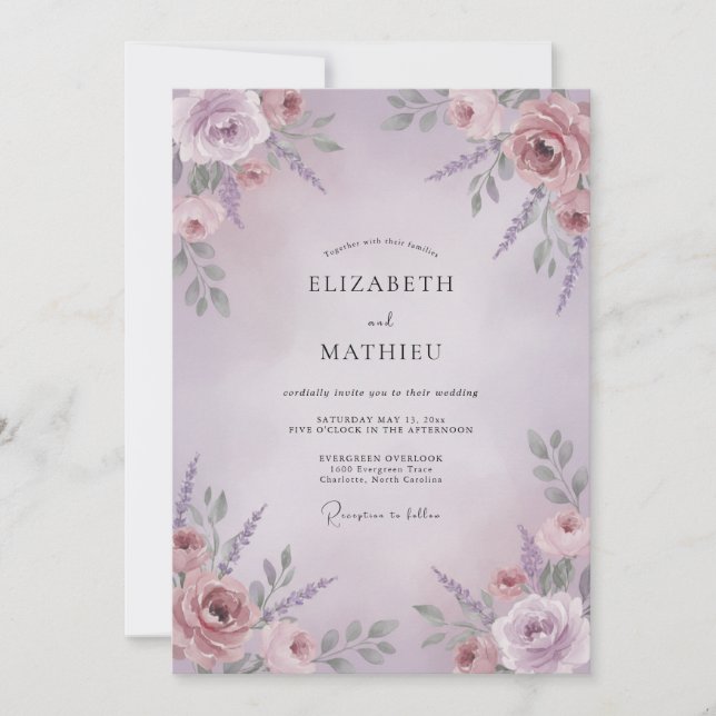 Invitación Boda floral de rosa malva (Anverso)