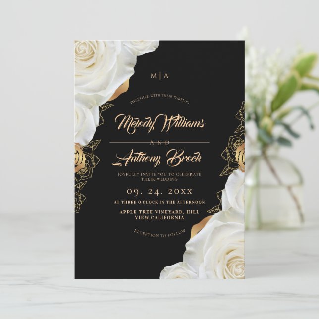 Invitación Boda floral de rosa moderna en blanco y negro (Anverso de pie)
