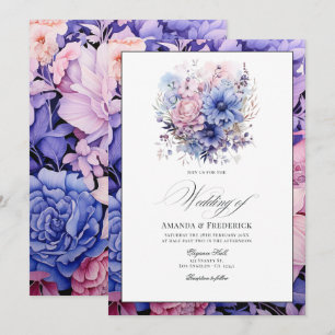 Invitación Boda floral de rosa pétalo, azul aciano y malva